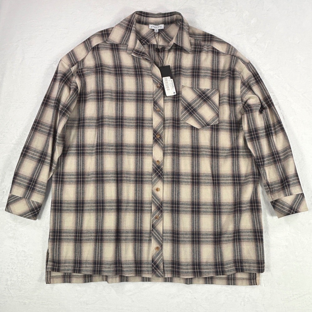 Gianni Bini Womens Plaid Flannel Button Down Shirt Cream Brown Oversized Med NEW